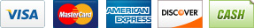 We accept Visa, Master Card, American Express, Discover and Cash.